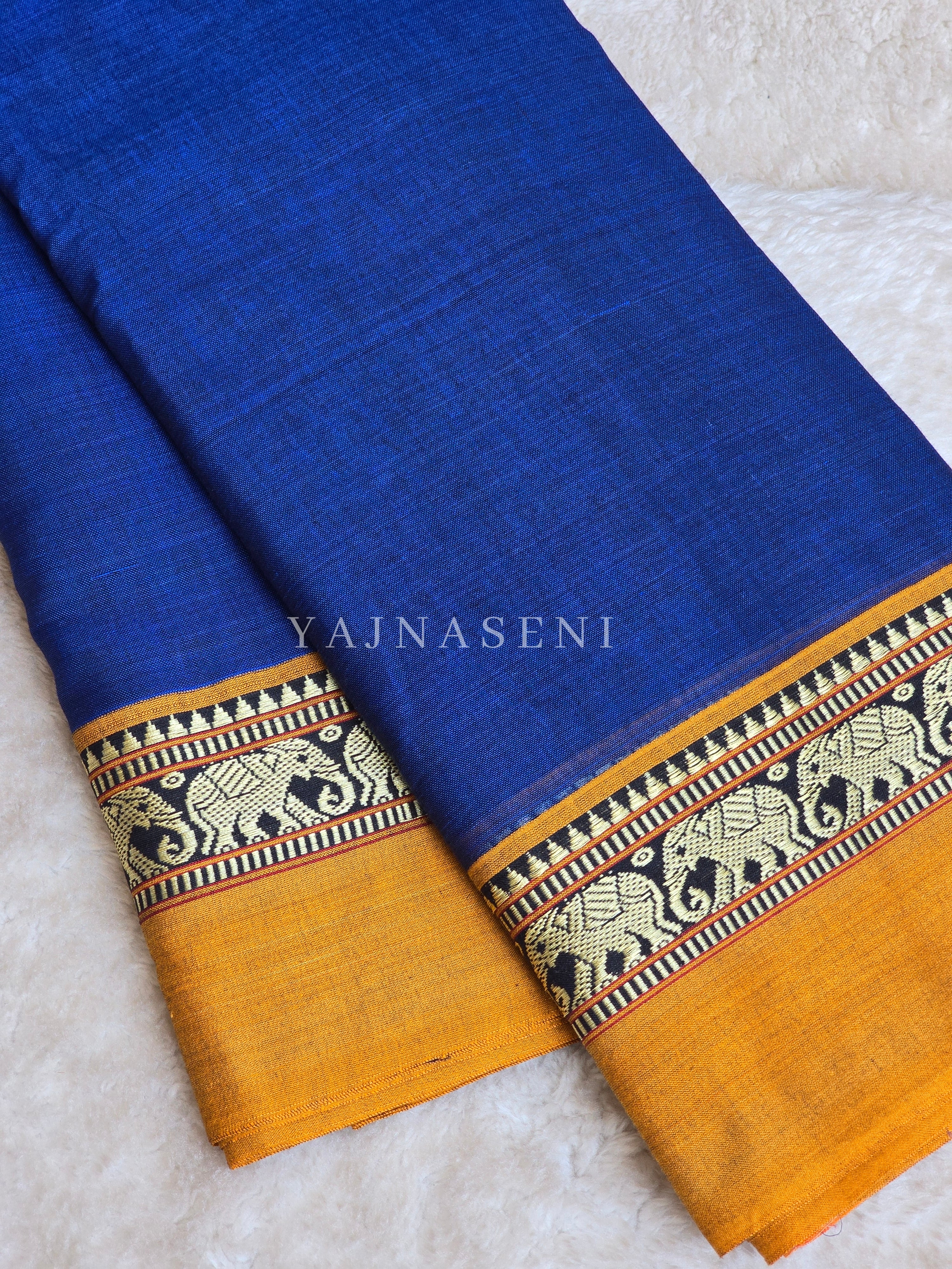 Narayanpet Mercerised Cotton Saree : Blue x Mustard