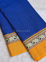 Load image into Gallery viewer, Narayanpet Mercerised Cotton Saree : Blue x Mustard
