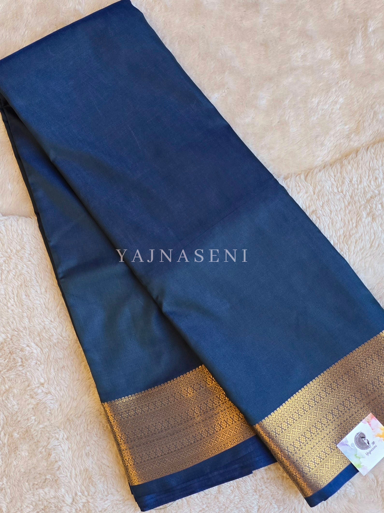 Minimalist Semi Silk Saree x Gold Zari - Peacock Blue