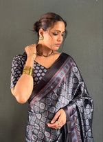 Load image into Gallery viewer, Printed Satin Ready Made Saree x Ajrakh Prints : Black x Blue x Wine
