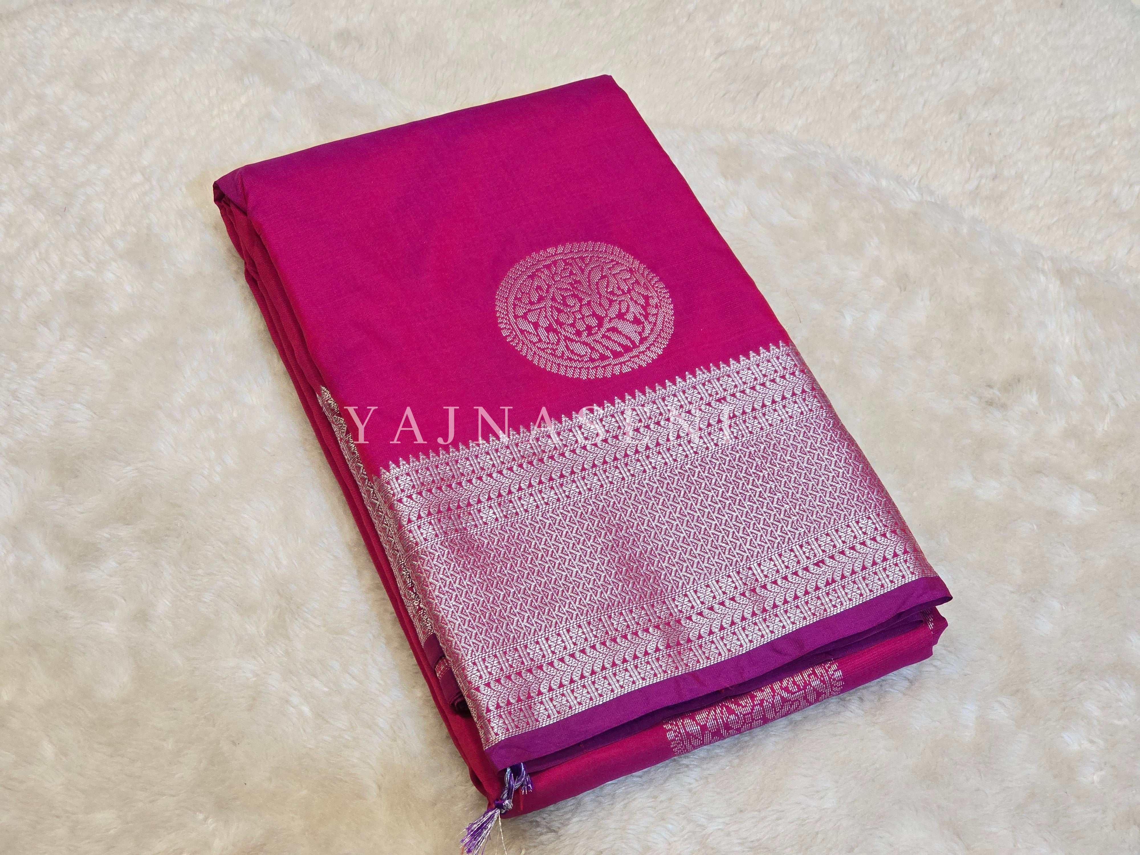 Semi Soft Silk Silver Zari Saree - Raspberry Red