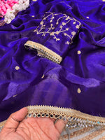 Load image into Gallery viewer, Satina Silk Saree x Embroidery blouse x Mirror Lace : Violet

