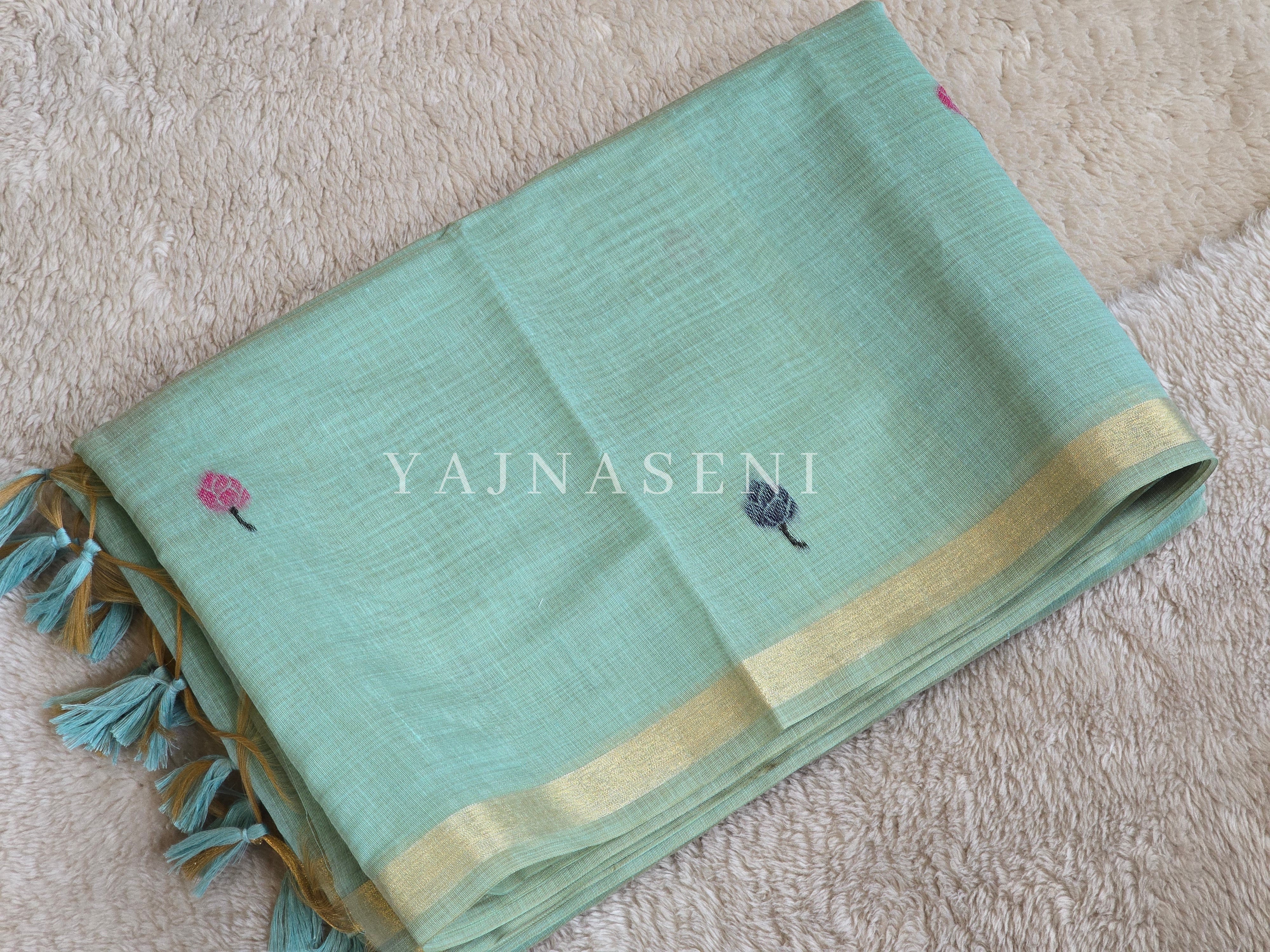 Linen Cotton Saree x Pichwai Tales - Aqua
