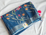 Load image into Gallery viewer, Printed Linen Cotton Saree x Silver Zari Border : Denim Blue
