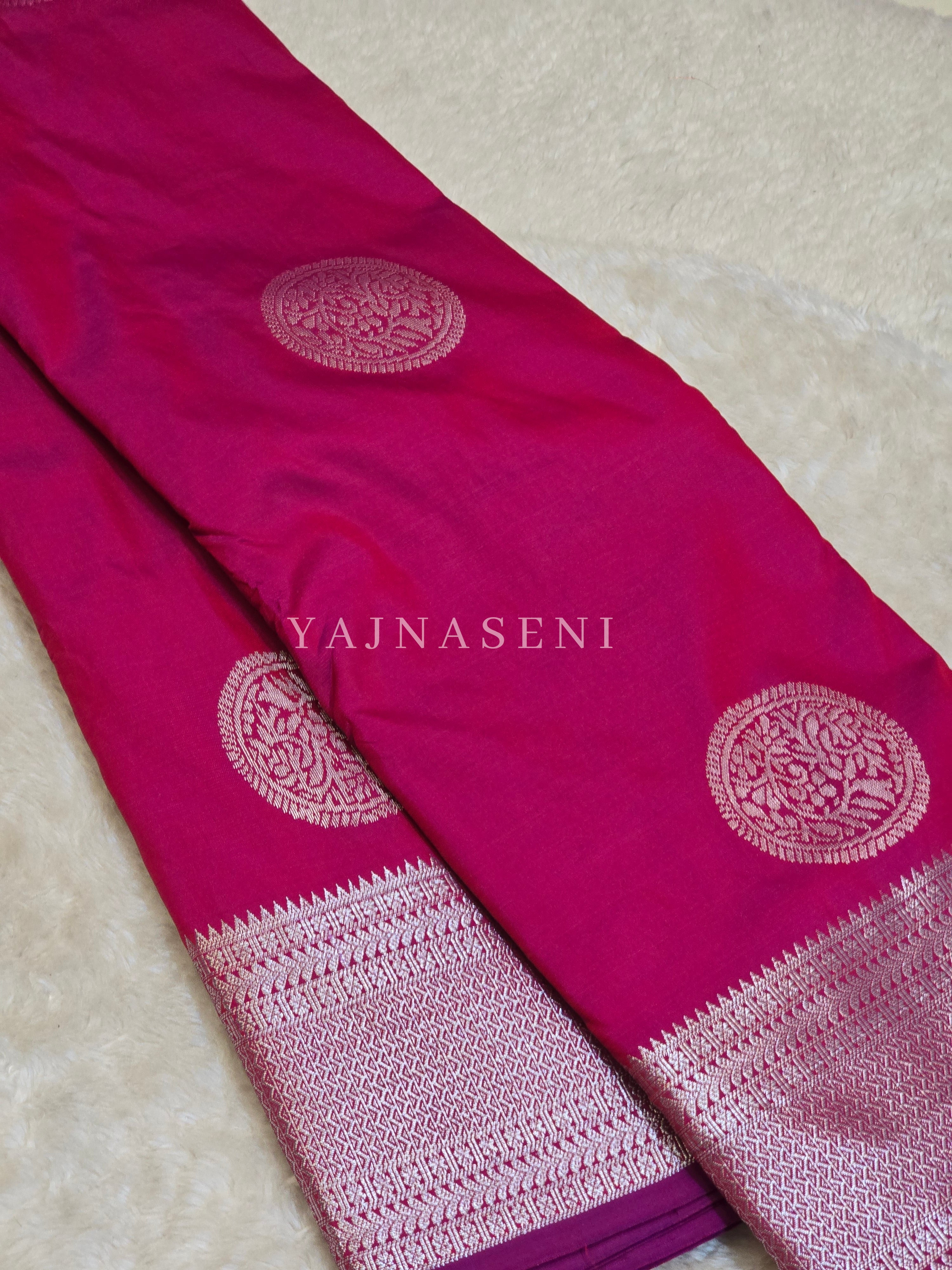 Semi Soft Silk Silver Zari Saree - Raspberry Red