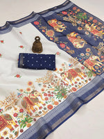 Load image into Gallery viewer, Printed Linen Cotton Saree x Elephants x Floral : White x Blue
