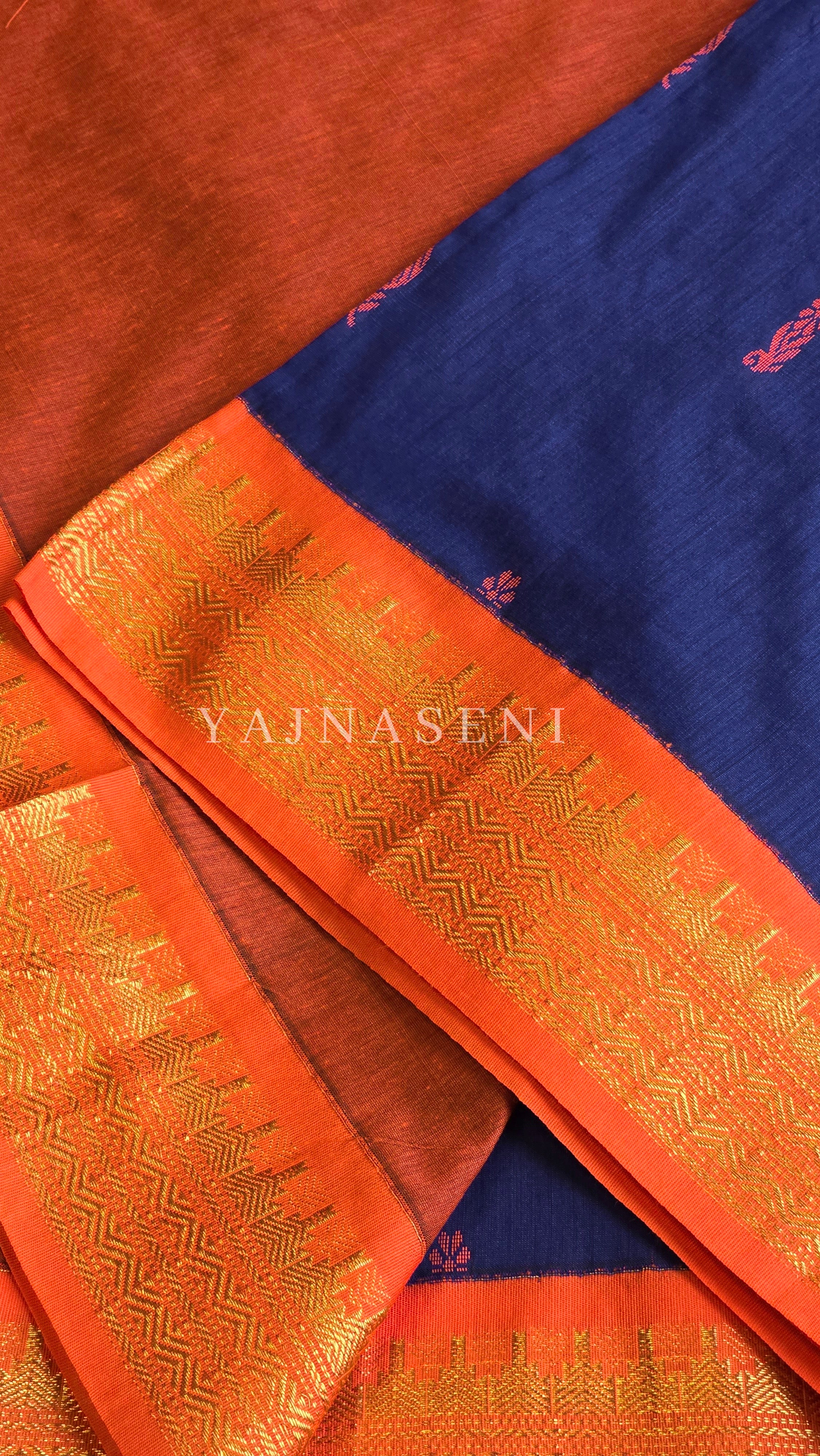 Kalyani Cotton Saree - Gold Zari : Blue x Orange x Bright Orange