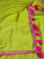 Load image into Gallery viewer, Mulmul Cotton x PomPom Saree : Neon Green x Hot Pink
