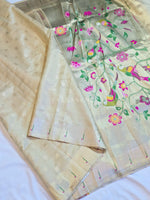 Load image into Gallery viewer, Tissue Semi Silk Saree x Paithani Inspired Motifs : Gold
