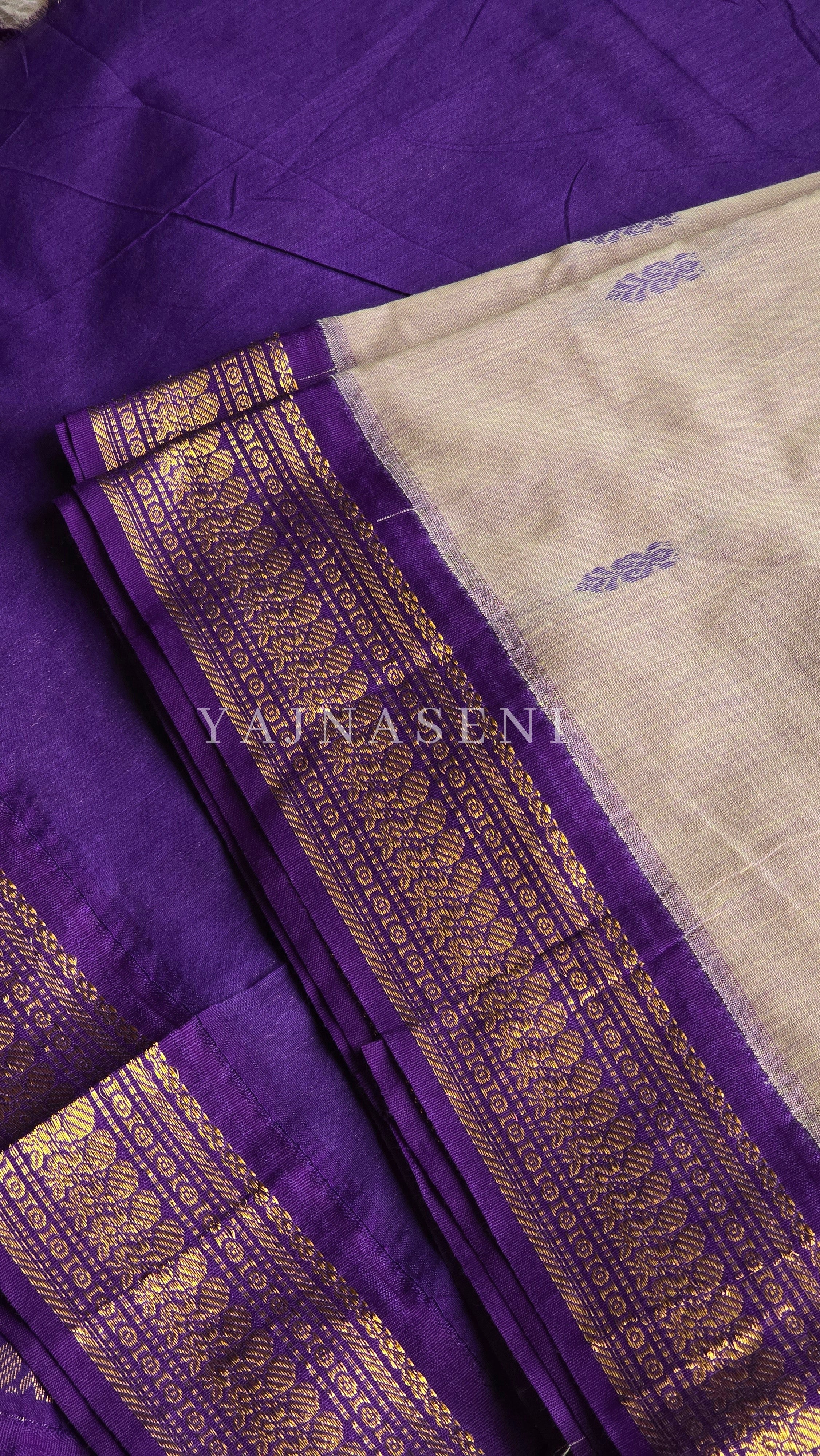 Kalyani Cotton Saree - Gold Zari : Grey x Violet