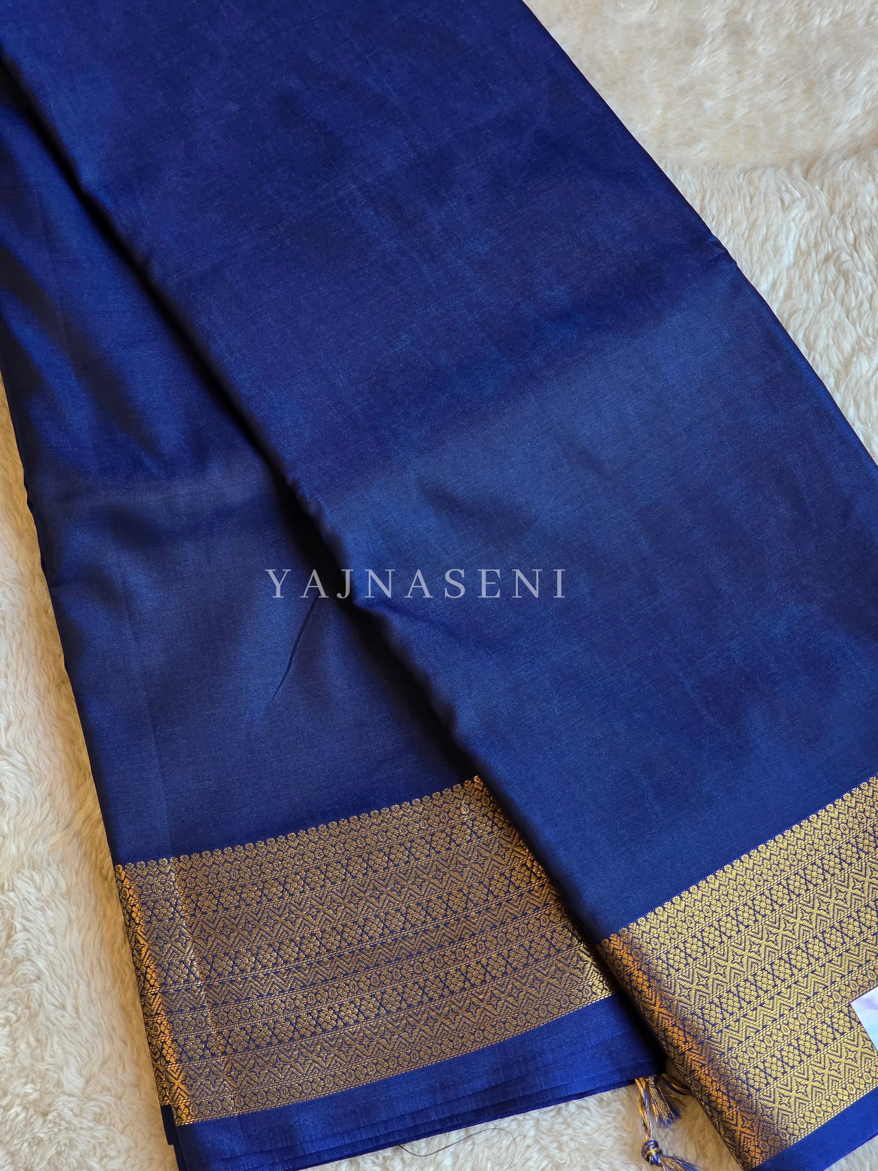Minimalist Semi Silk Saree x Gold Zari - Navy Blue