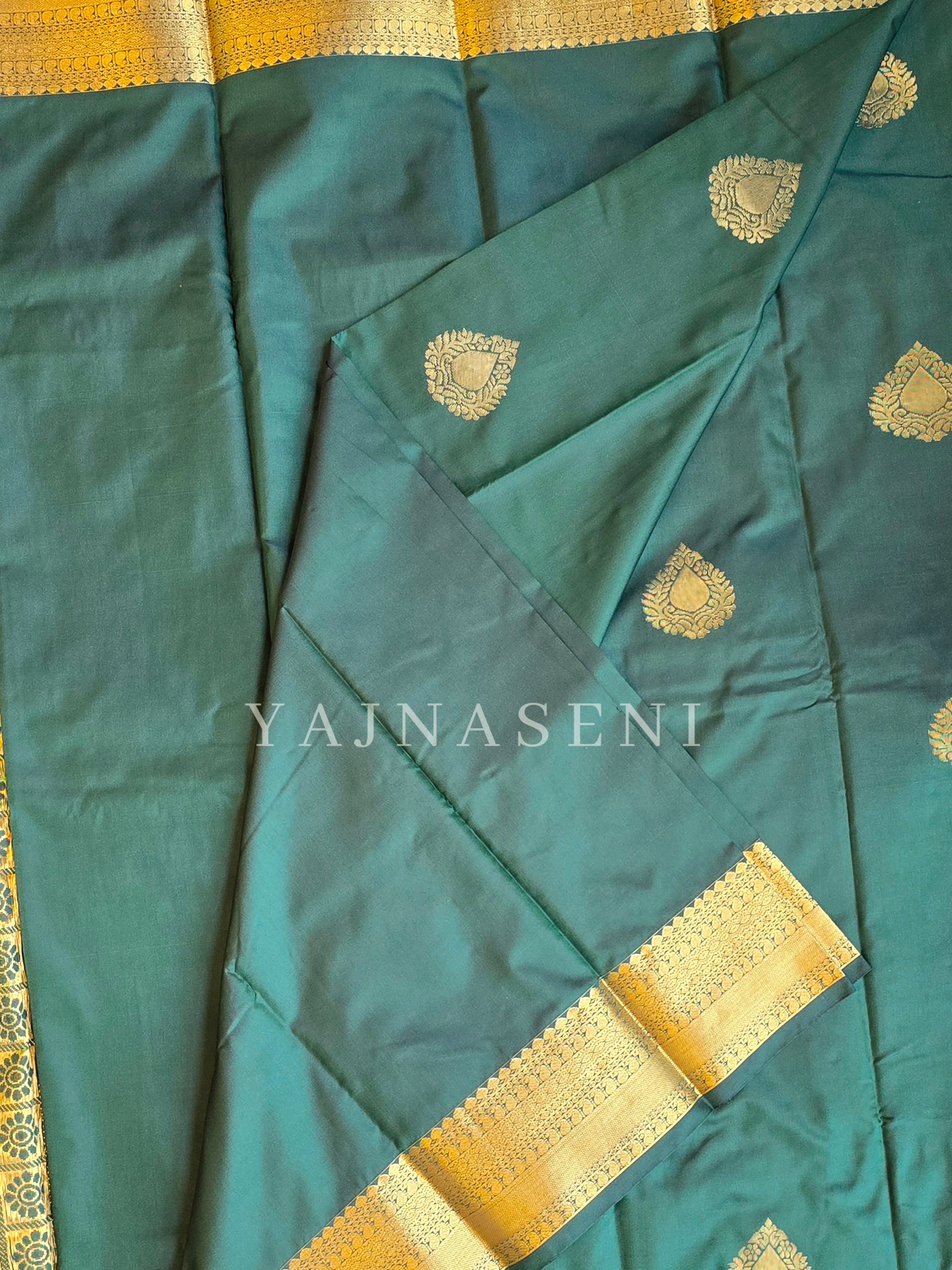 Soft Silk x Gold Zari Saree - Bottle Green
