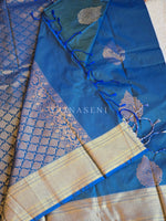 Load image into Gallery viewer, Semi Kanchi Silk x Gold Zari Saree - Blue (Green Undertone)
