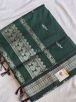 Load image into Gallery viewer, Kalyani Cotton Saree - Silver Zari : Deep Green (Peacock Motif)
