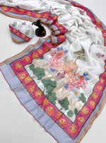 Load image into Gallery viewer, Printed Linen Cotton Saree x Beads x Sequins  - White x Multicolour
