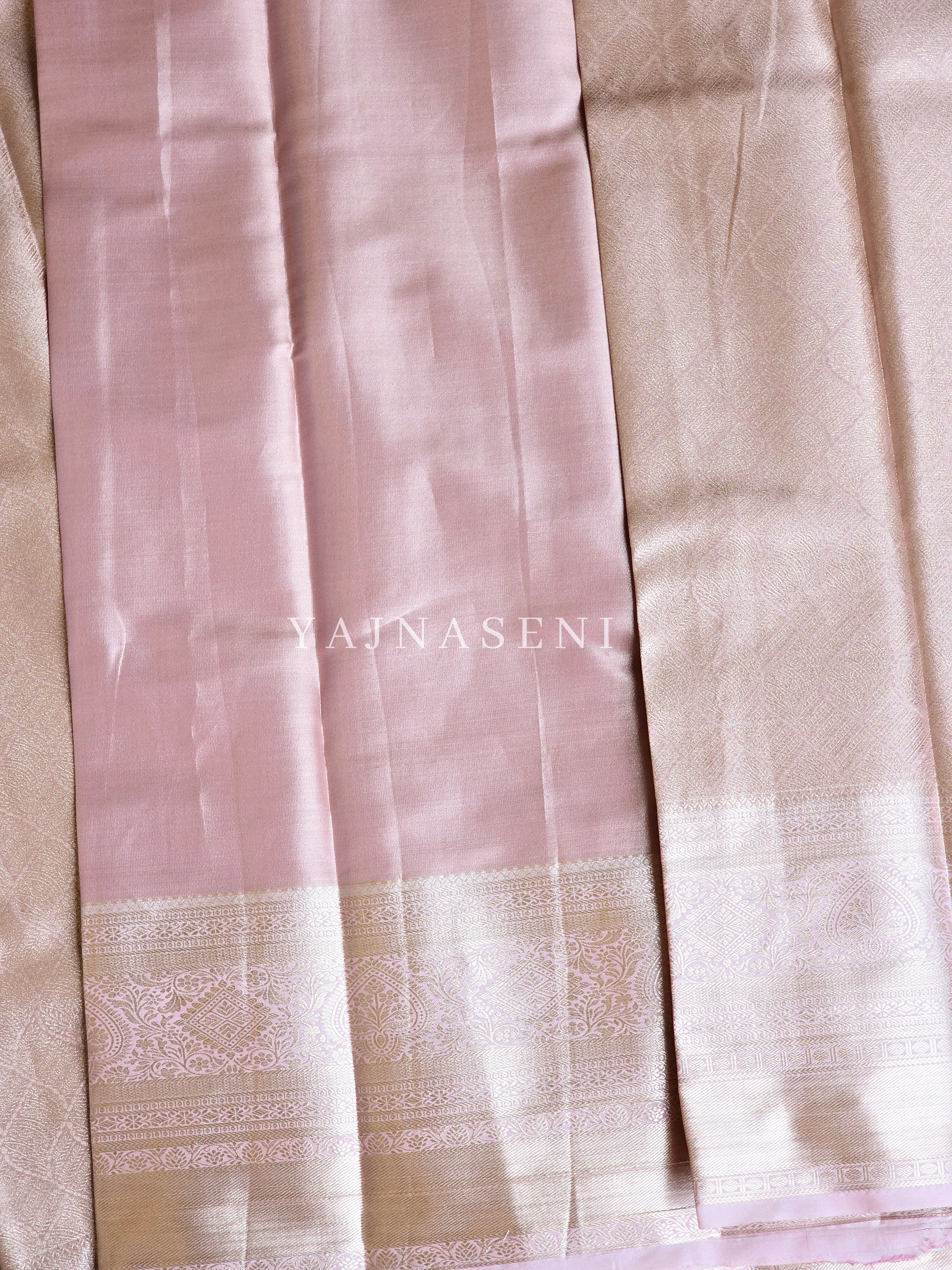 Semi Kanchipuram Silk Saree x Light Gold Zari - Pastel Pink