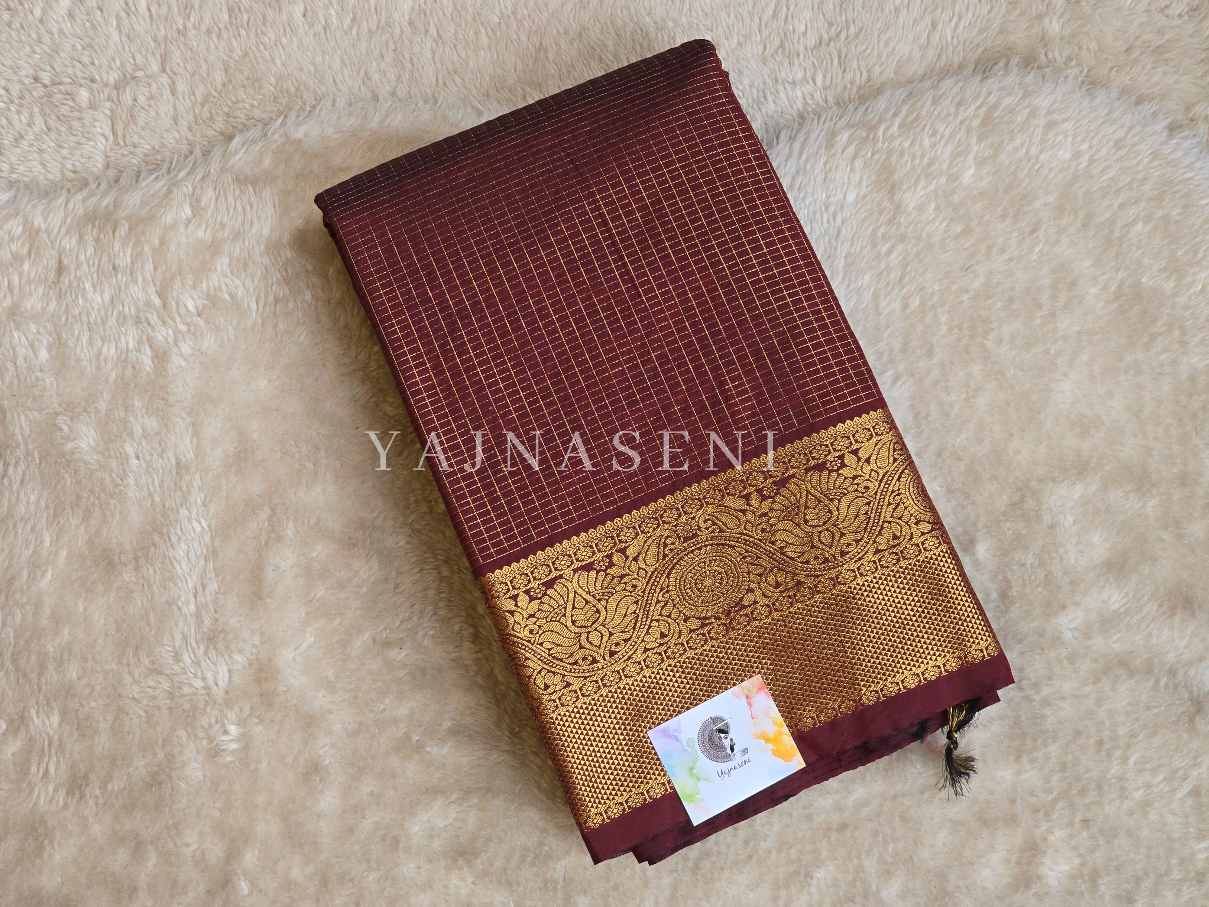 Vaira oosi x Checkered Saree - Wine