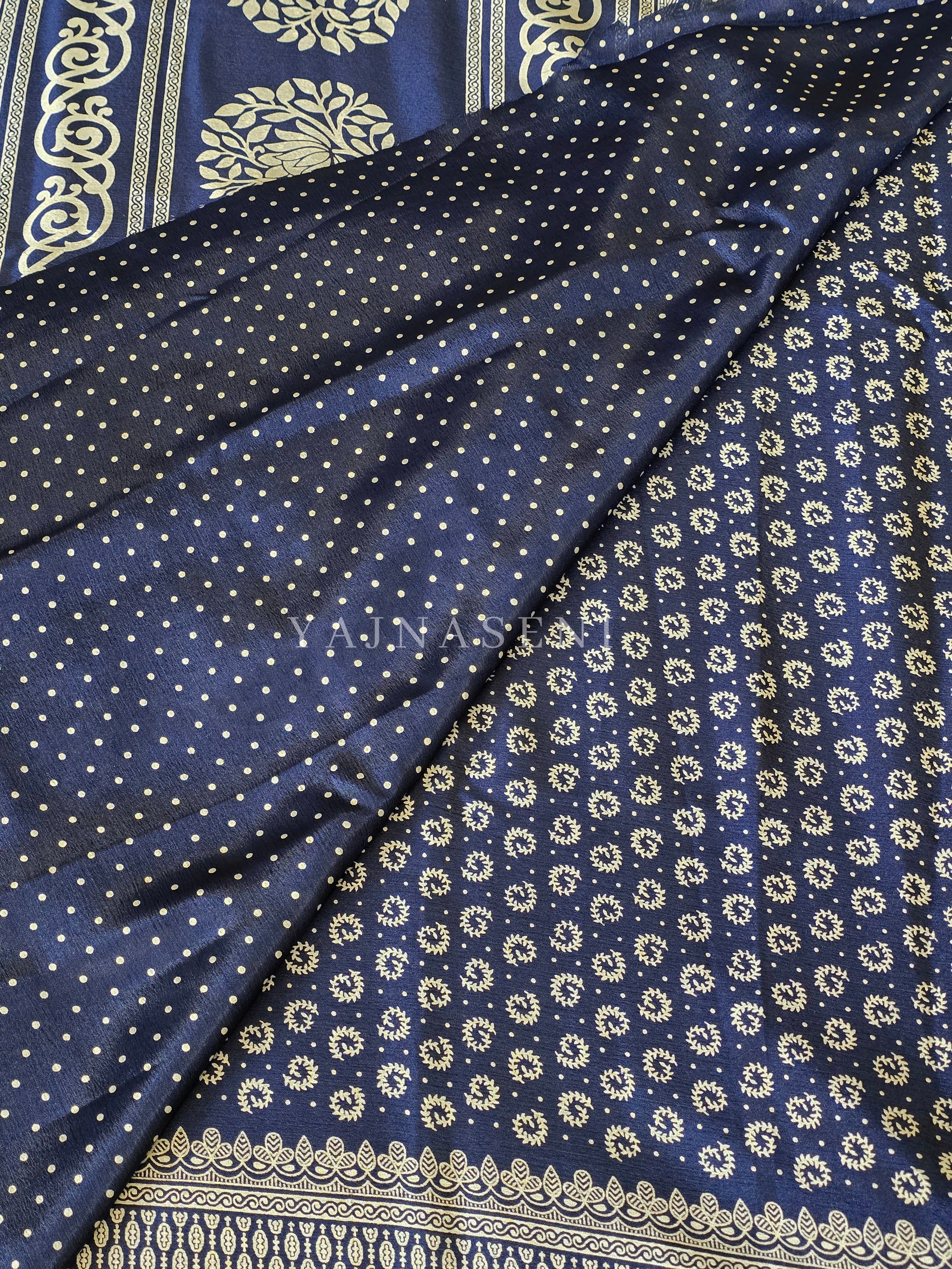 Georgette Saree x Printed Design : Dark Blue x White