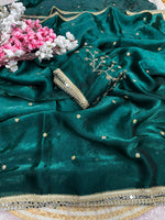 Load image into Gallery viewer, Satina Silk Saree x Embroidery blouse x Mirror Lace : Dark Teal
