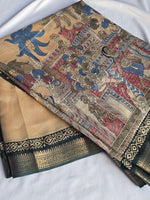Load image into Gallery viewer, Semi Tussar Saree x Printed Kalamkari designs : Beige x Green
