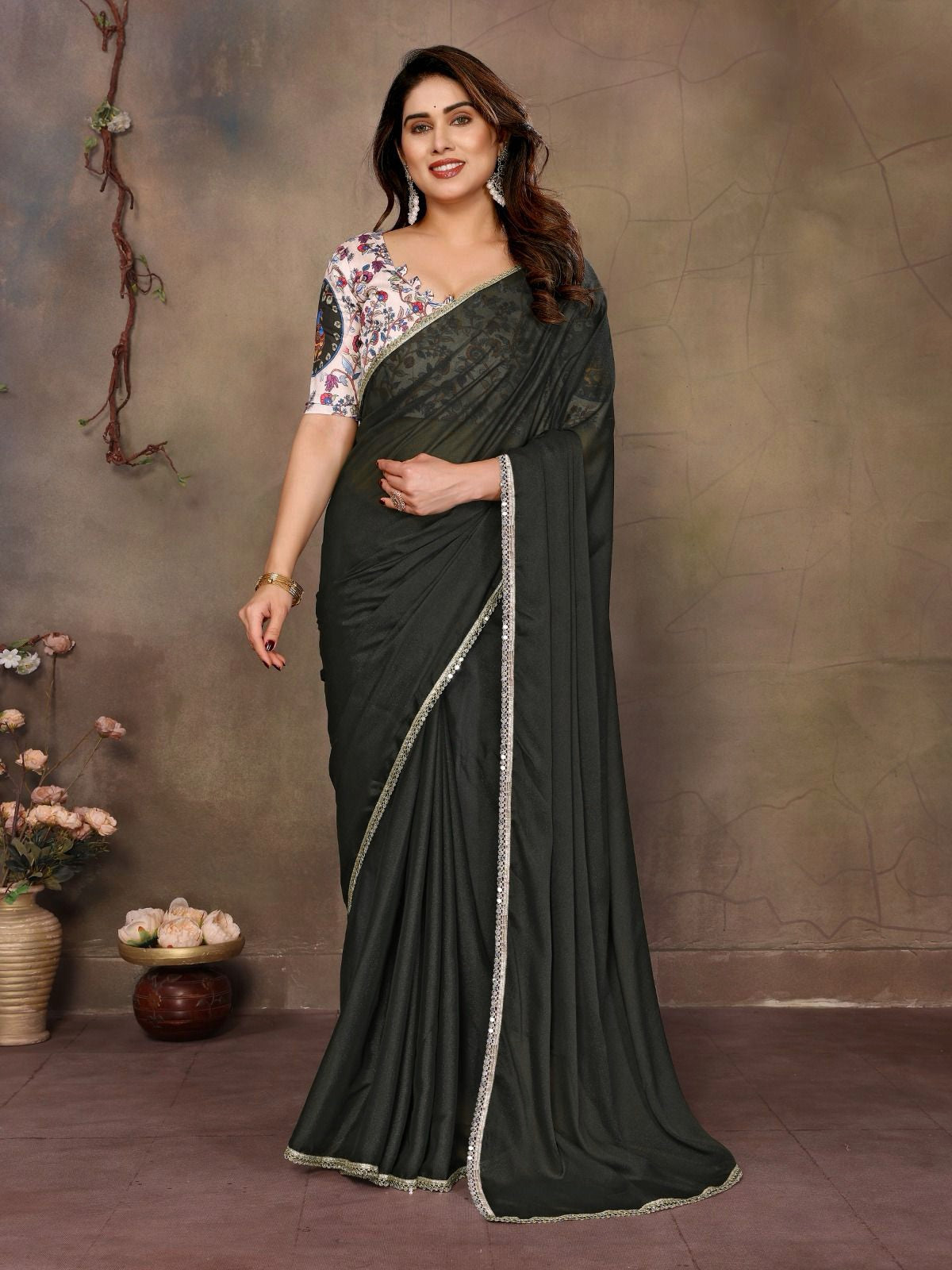 Chiffon Saree x Mirrors x Lace : Army Green
