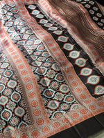 Load image into Gallery viewer, Printed Satin Ready Made Saree x Ajrakh Prints : Black x Blue x Wine
