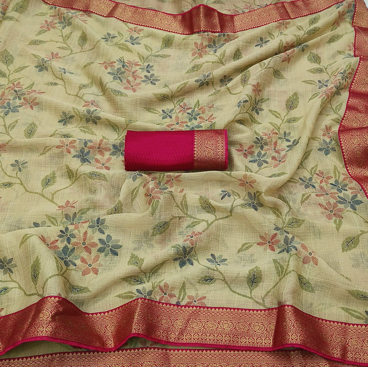 Chiffon Floral Saree x Silk Border - Cream x Pink