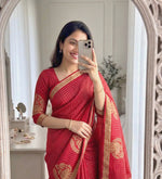Load image into Gallery viewer, Blended Viscose Chinnon Silk Saree x Checkered x Elephant Border : Red
