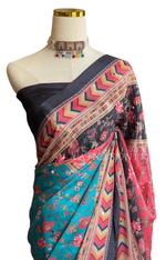 Load image into Gallery viewer, Printed Viscose Saree x Mirrors : Black x Multicolour
