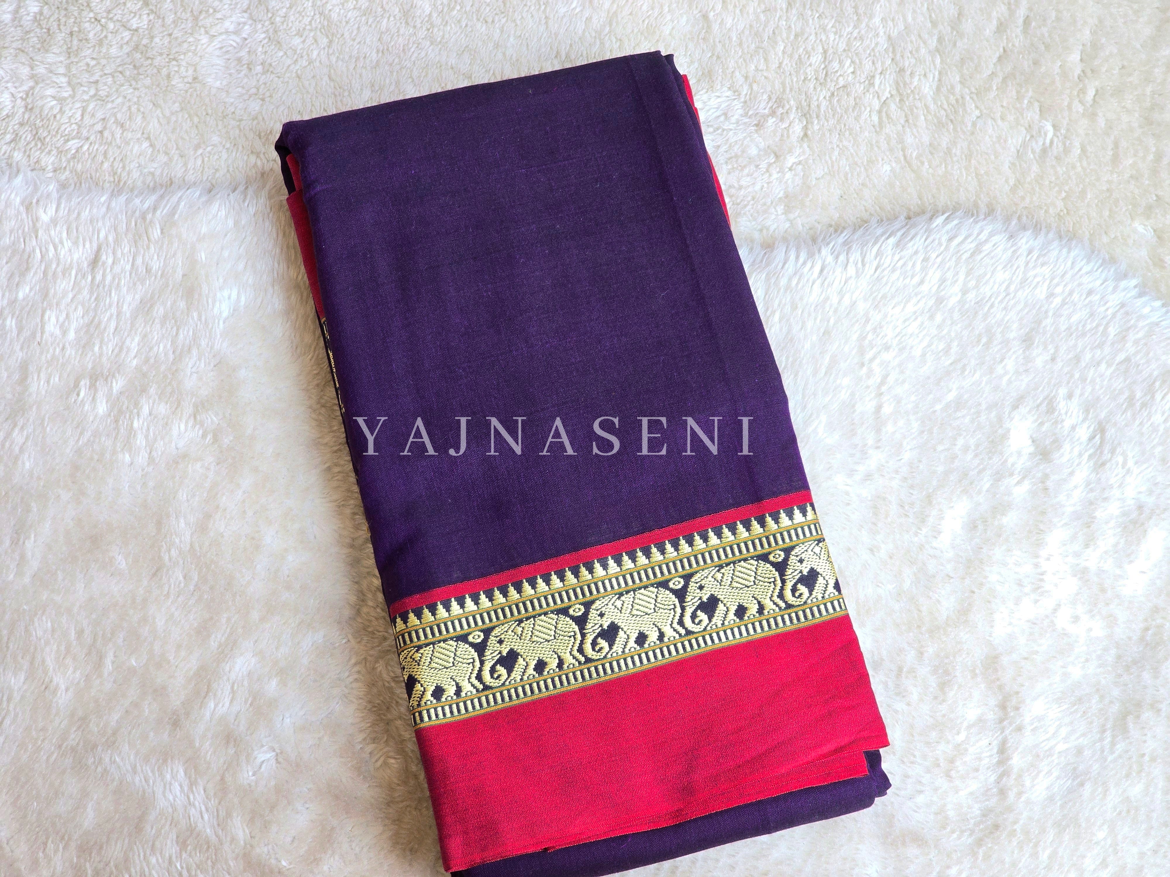 Narayanpet Mercerised Cotton Saree : Dark Purple x Rani