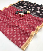 Load image into Gallery viewer, Printed Linen Cotton Saree x Mudras - Dusky Red x Black
