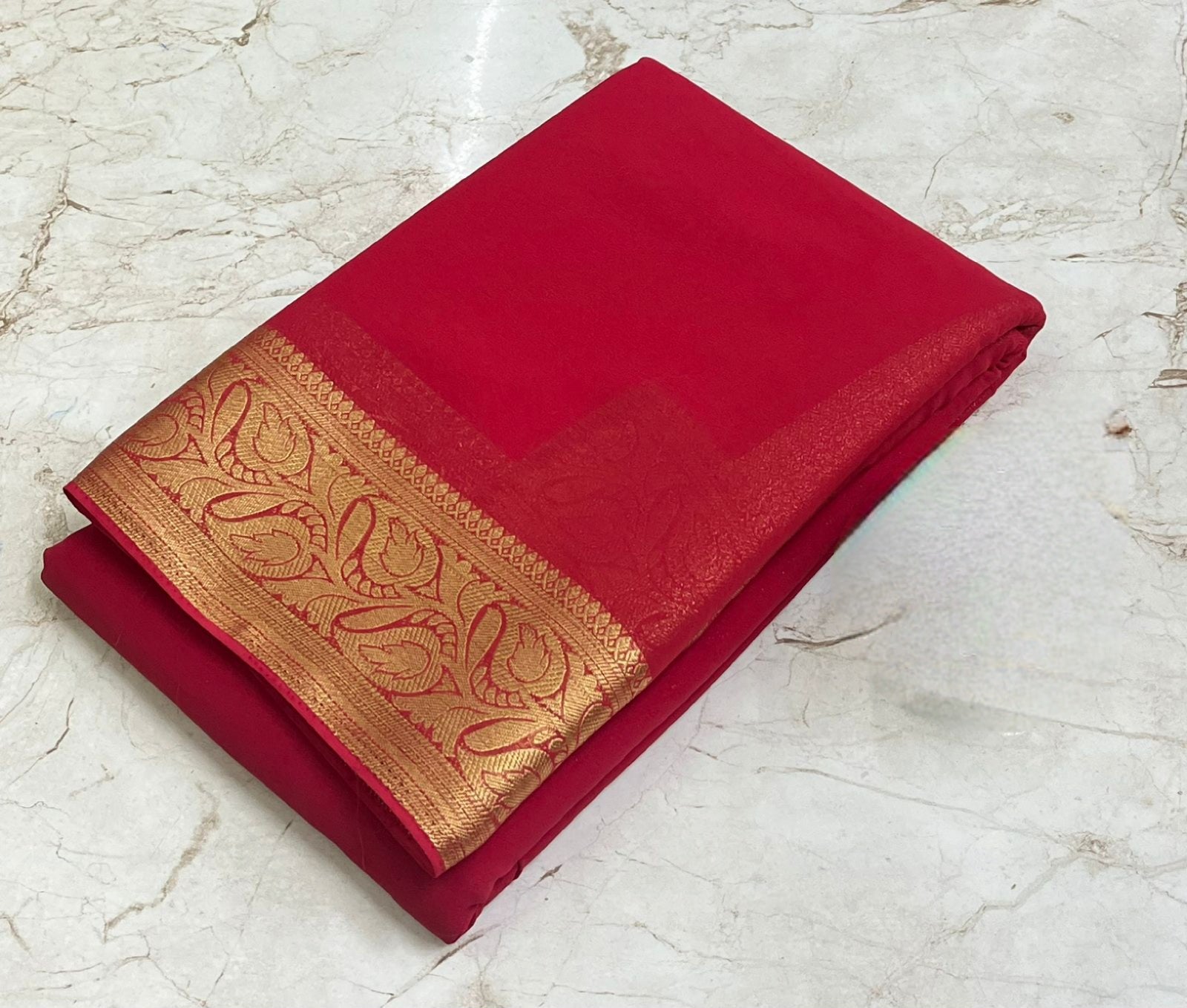 Semi georgette saree x brocade blouse : Red