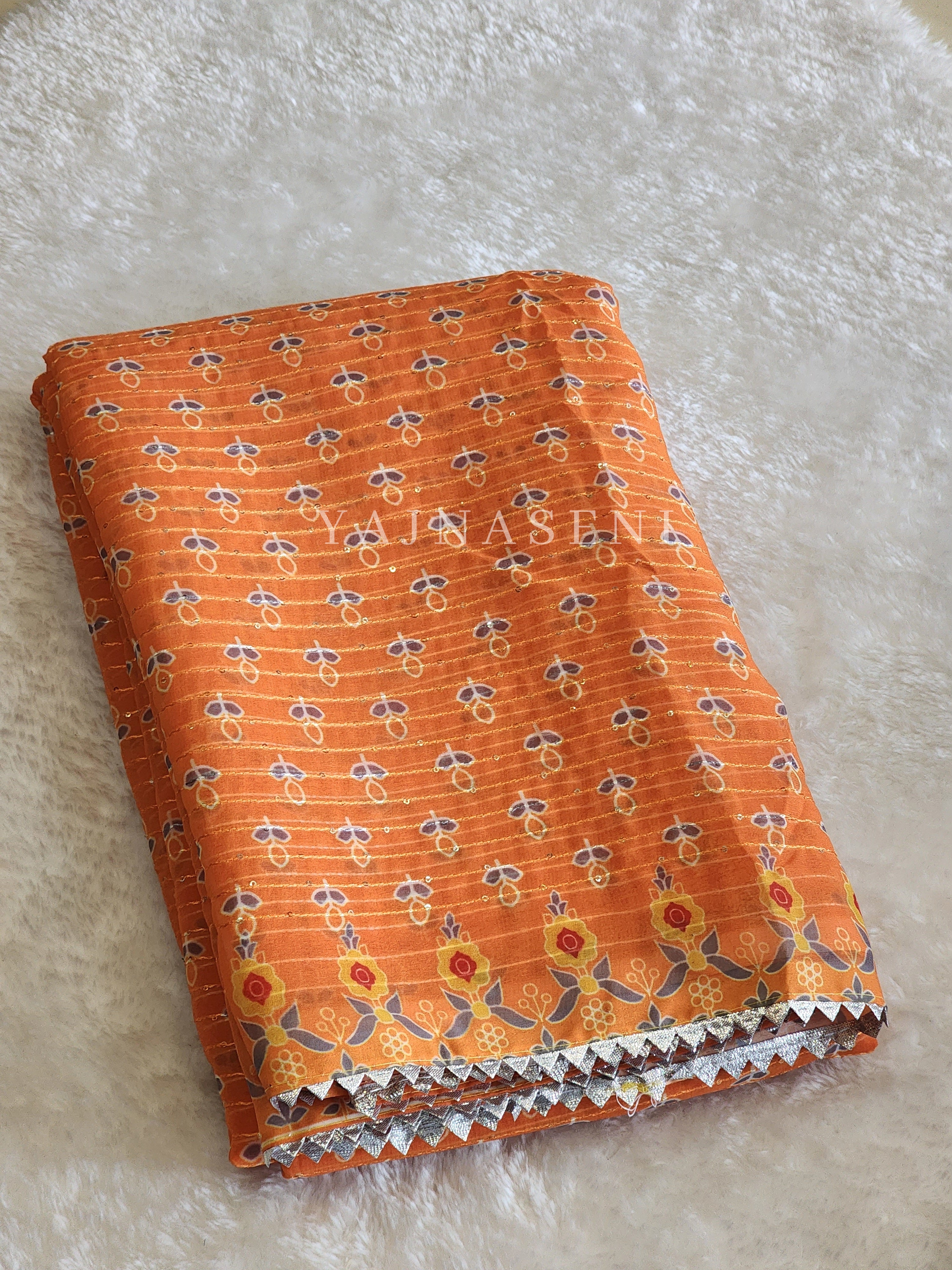 Sequins x Printed Georgette Saree - Orange