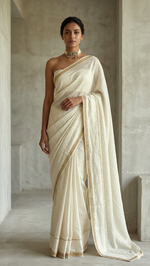 Load image into Gallery viewer, Checkered Viscose Georgette Saree : Cream
