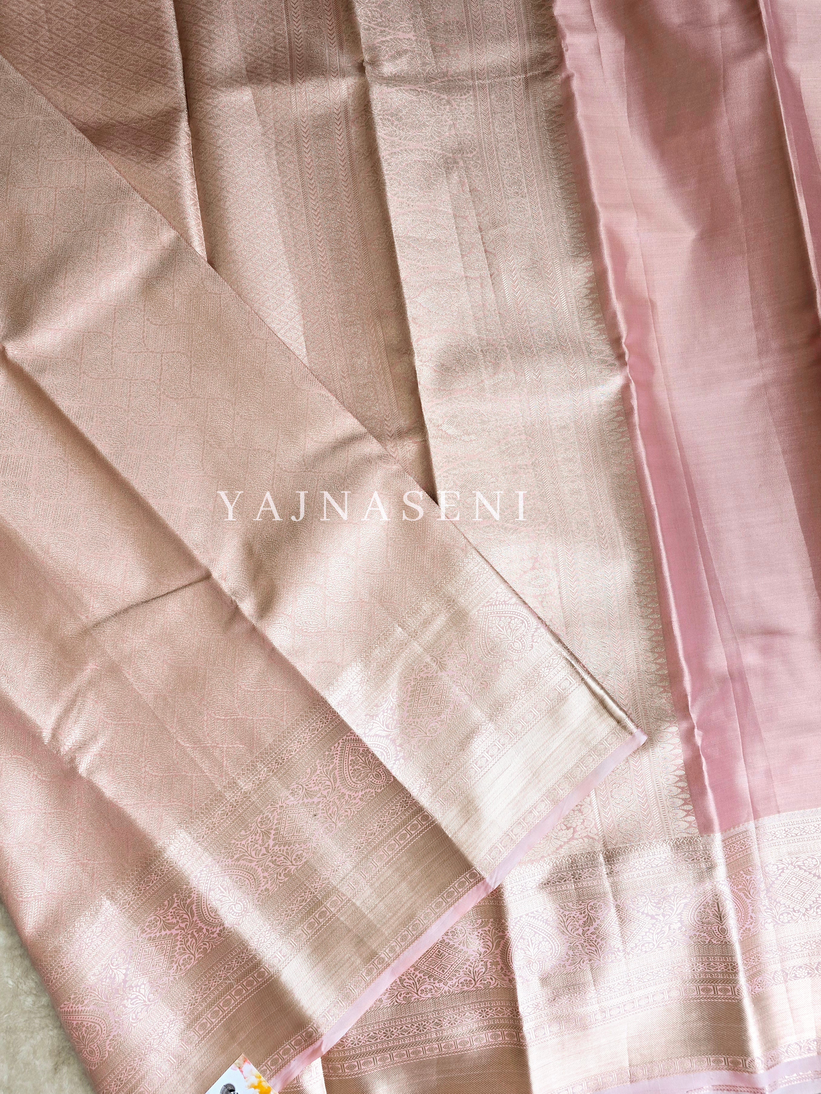 Semi Kanchipuram Silk Saree x Light Gold Zari - Pastel Pink