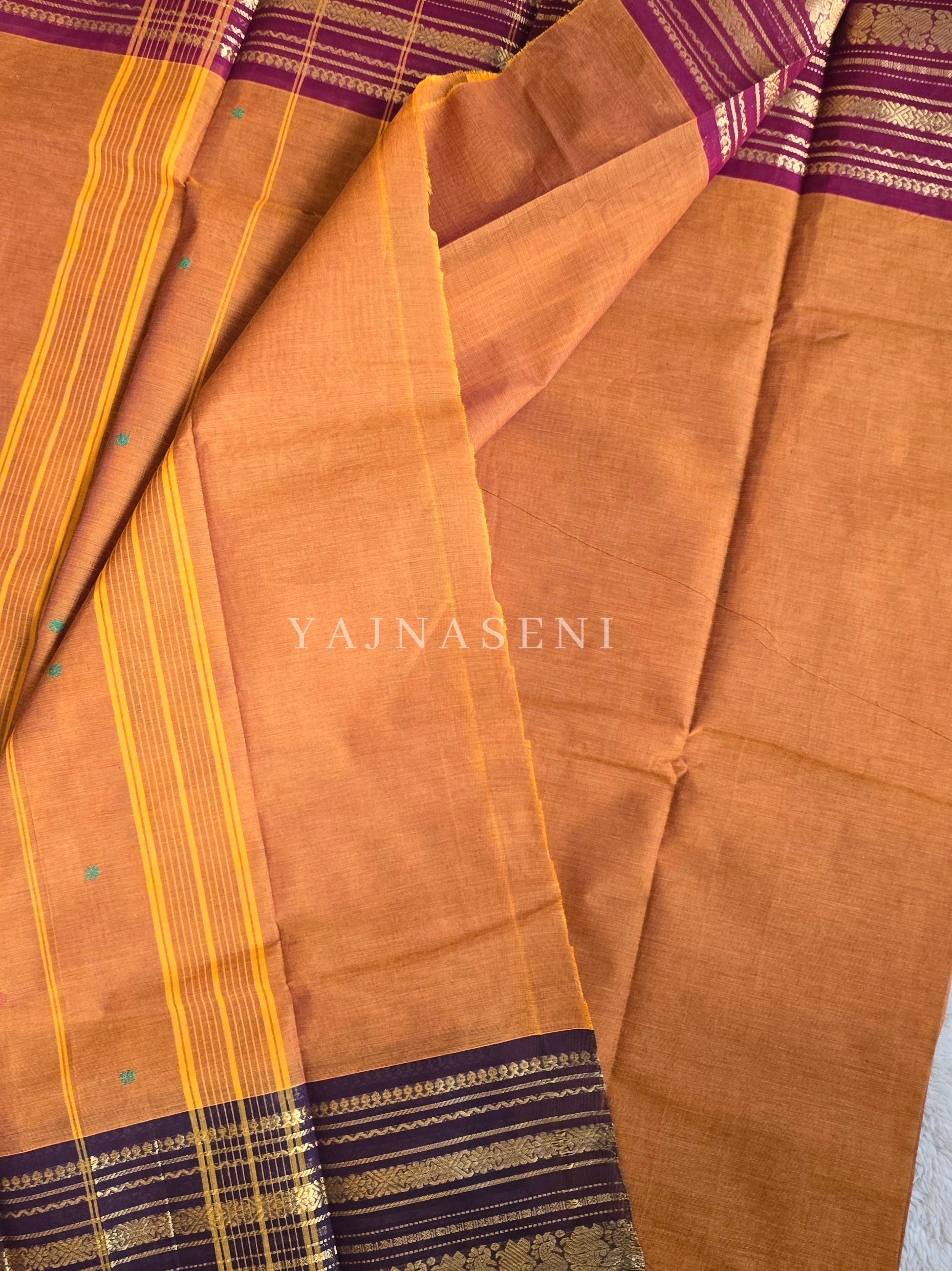 Kanchi Cotton Saree x Ganga-Jamuna Border : Dark Amber x Dark Brown x Wine