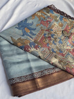 Load image into Gallery viewer, Semi Tussar Saree x Printed Kalamkari designs : Powder Blue x Brown
