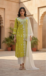 Load image into Gallery viewer, JENATHI [L/40] - Straight Cut Kurti Set (Chartreuse)
