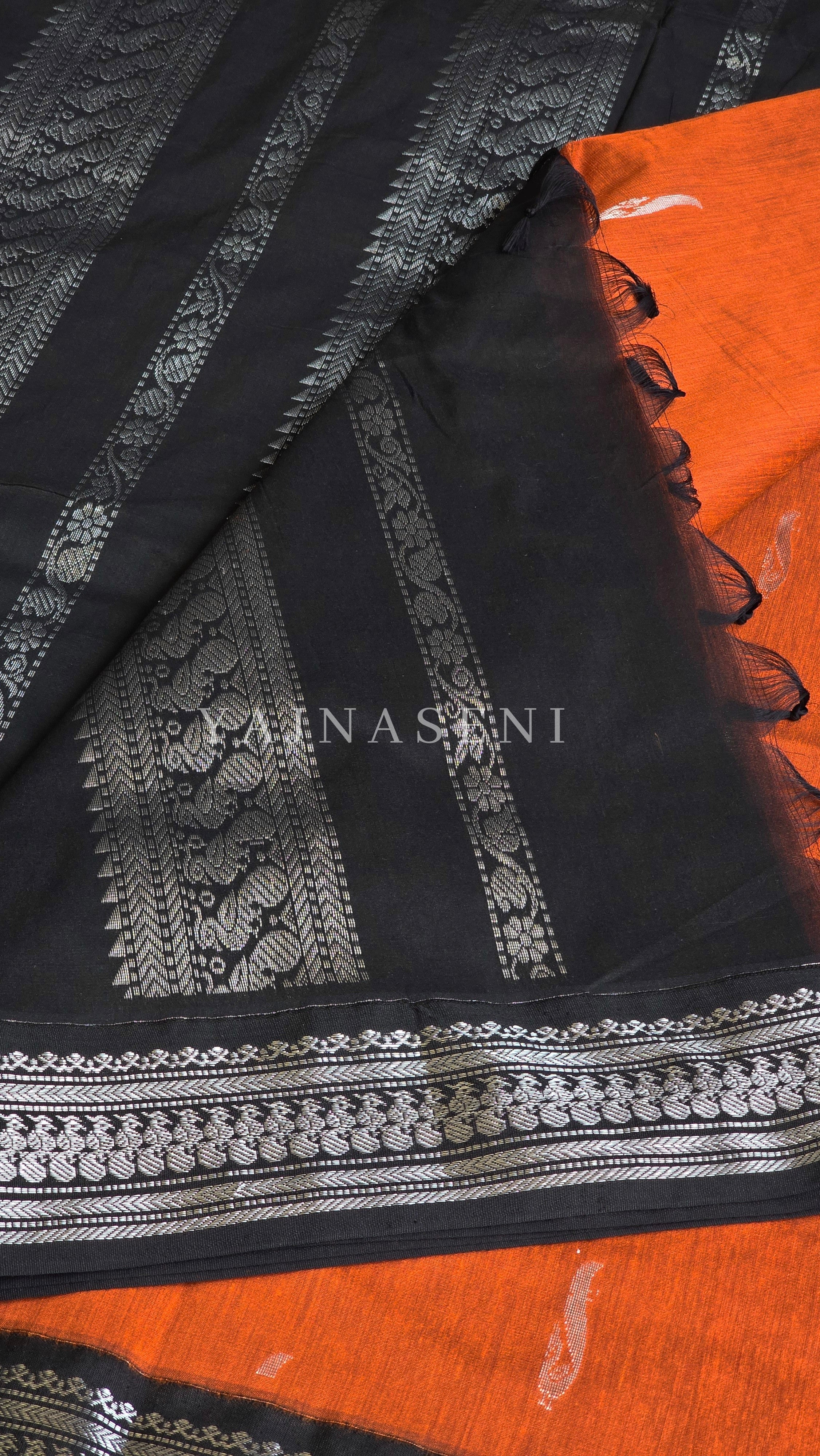 Kalyani Cotton Saree - Silver Zari : Orange x Black