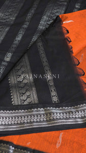 Kalyani Cotton Saree - Silver Zari : Orange x Black