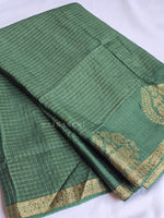 Load image into Gallery viewer, Blended Viscose Chinnon Silk Saree x Checkered x Elephant Border : Dark Fern Green
