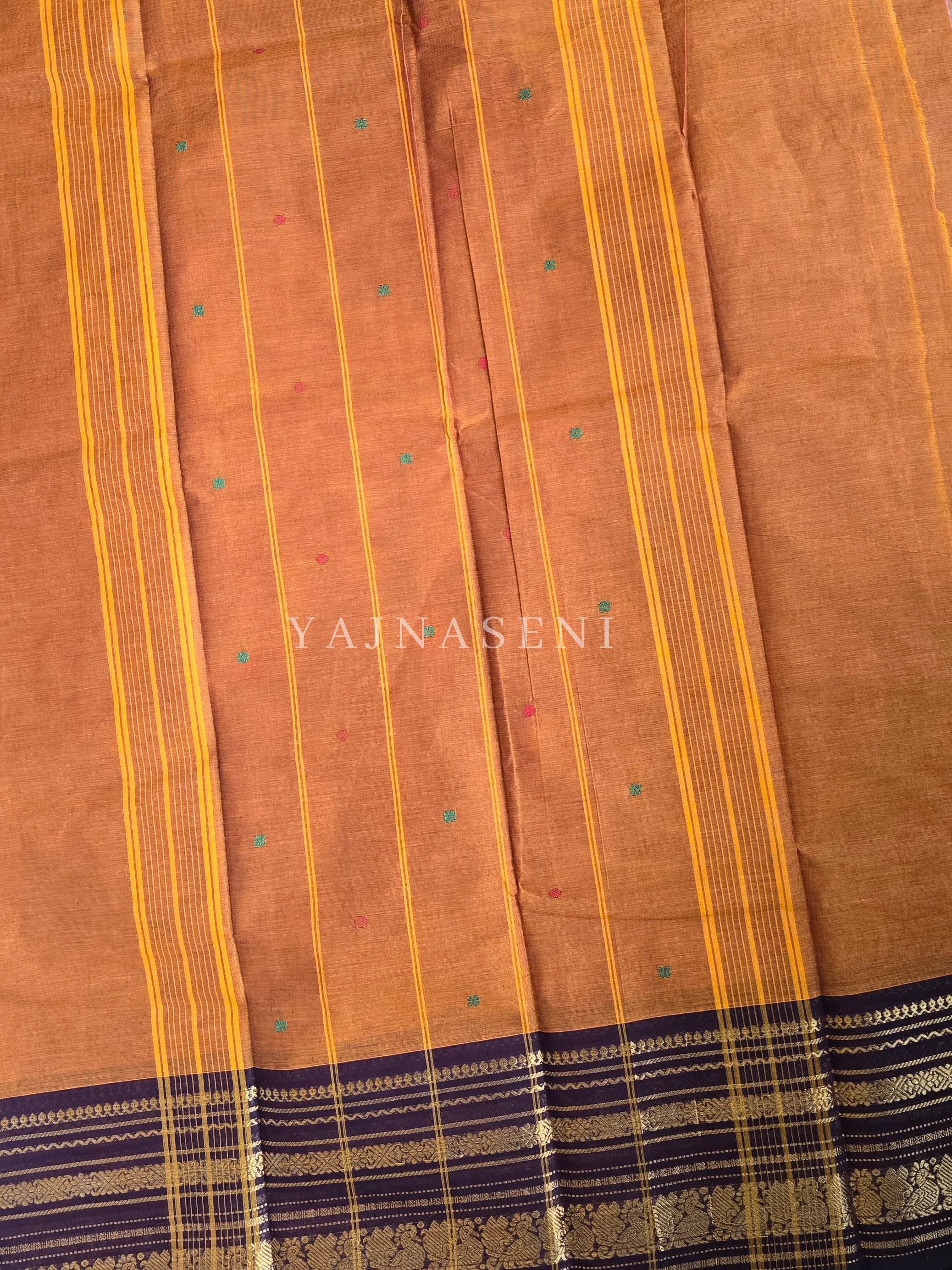 Kanchi Cotton Saree x Ganga-Jamuna Border : Dark Amber x Dark Brown x Wine
