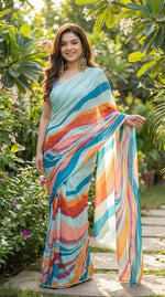 Load image into Gallery viewer, Printed Chiffon Saree x Pearl Border : Ocean Hues
