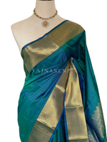 Load image into Gallery viewer, Minimalist Semi Silk Saree x Gold Zari - Peacock
