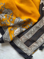 Load image into Gallery viewer, Cotton Linen Saree x Kalamkari Prints x Foil Mirrors : Dark Yellow x Black
