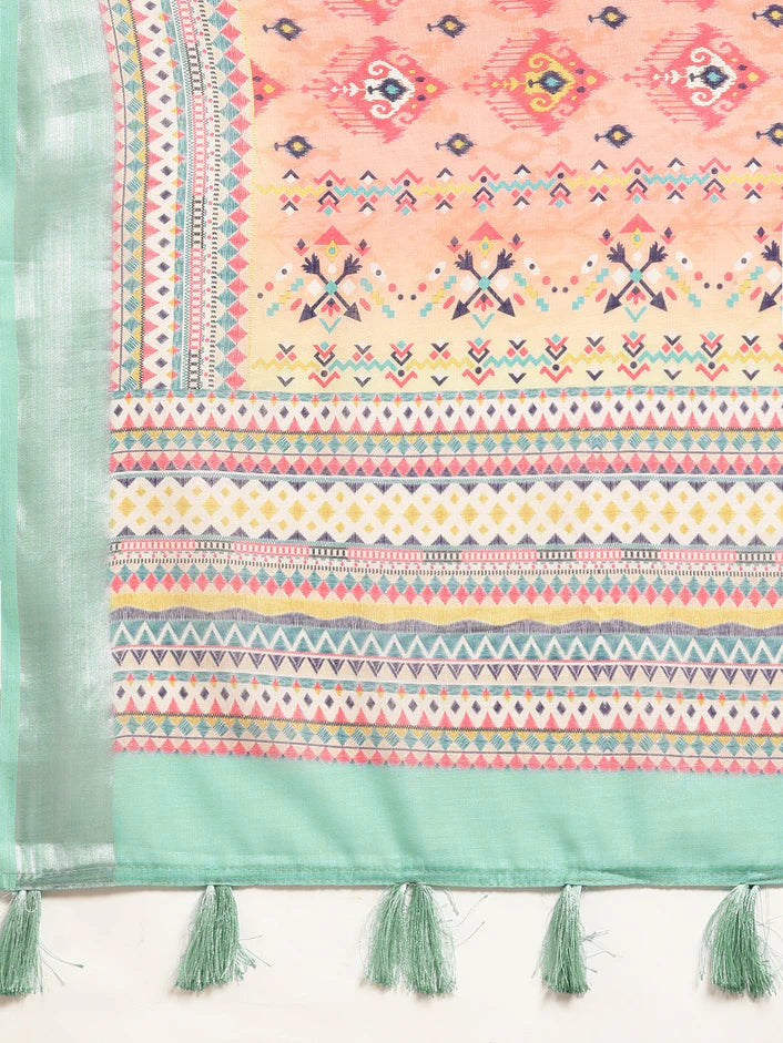 Linen Saree - Peach x Multicolour