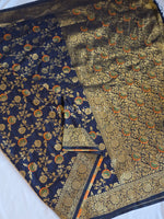 Load image into Gallery viewer, Banarasi Semi Silk Saree : Dark Blue x Orange

