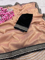 Load image into Gallery viewer, Tissue saree x Velvet Lace Border x Blouse - Peach
