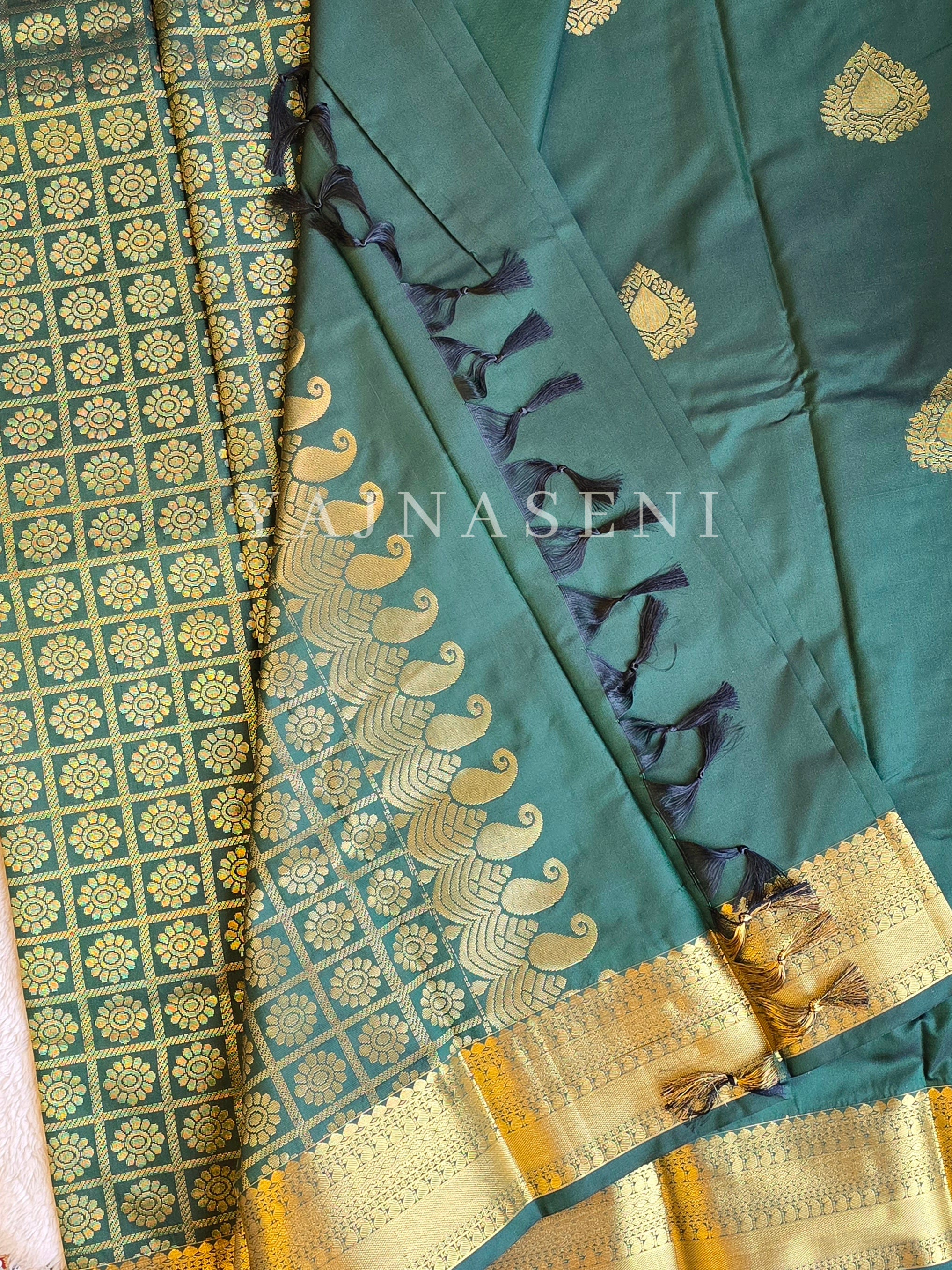 Soft Silk x Gold Zari Saree - Bottle Green