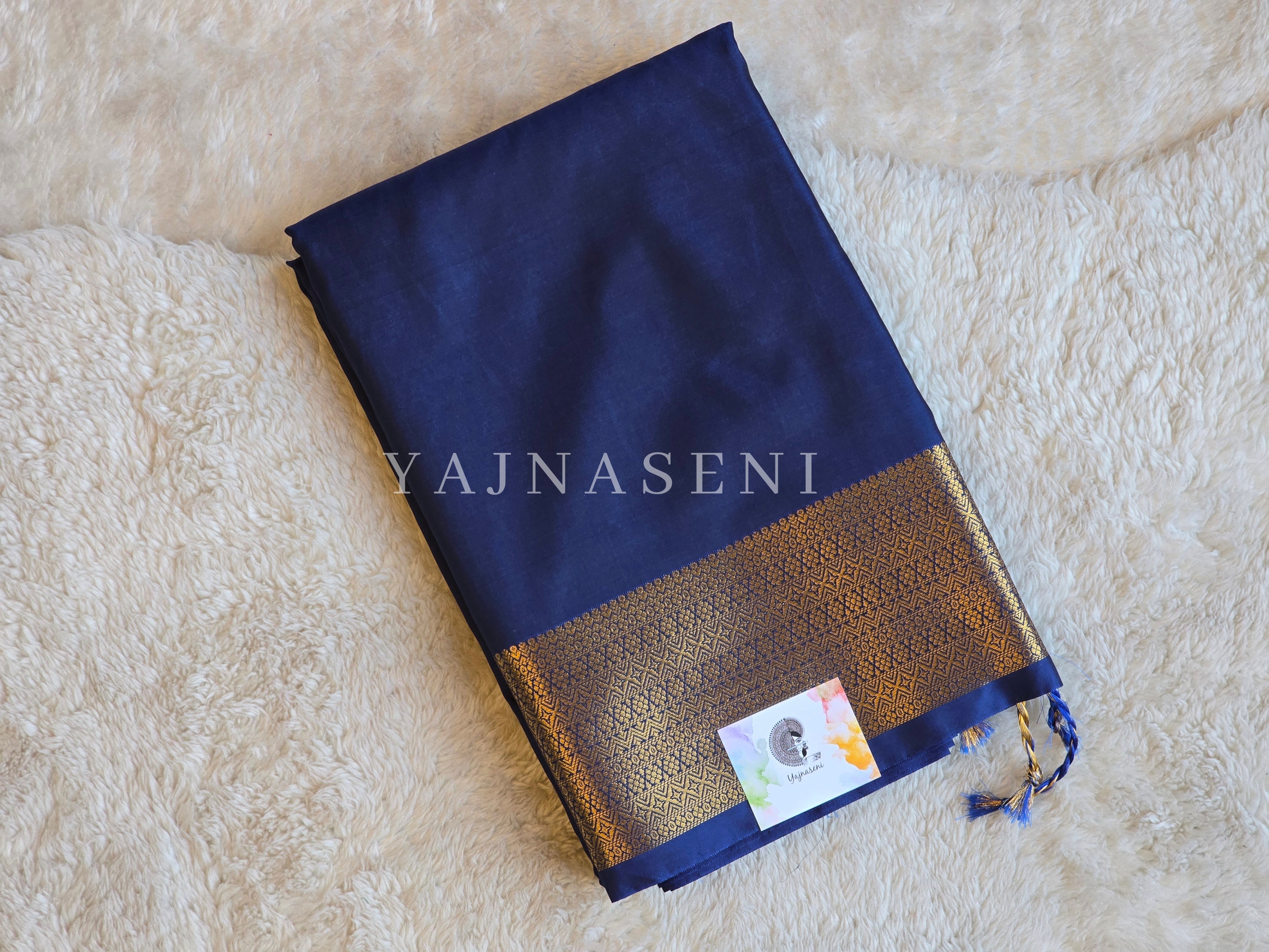 Minimalist Semi Silk Saree x Gold Zari - Navy Blue